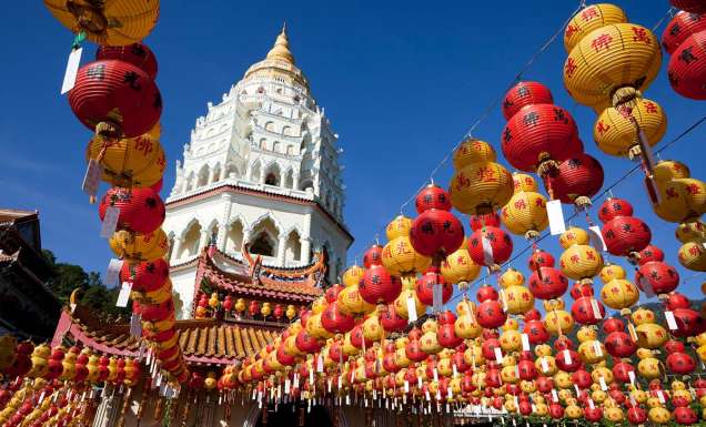 Rows of Chinese New Year lanterns in front of Kek Lok Si penang