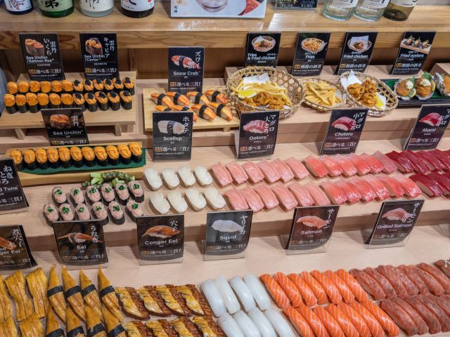 fresh Japanese sushi, nigiri, and various seafood delicacies