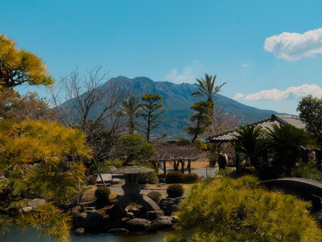 Kagoshima’s famous volcano from Sengan-en Garden