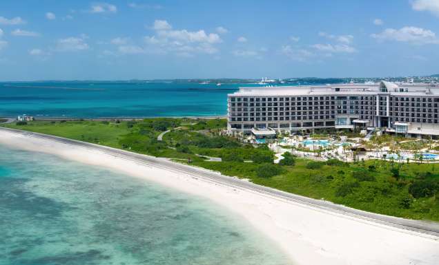 Aerial view of Hilton Miyako, one of the destinations when you visit 3 of the best island-hopping destinations in Okinawa.