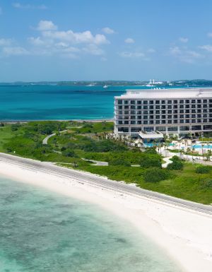 Aerial view of Hilton Miyako, one of the destinations when you visit 3 of the best island-hopping destinations in Okinawa.