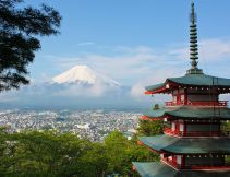 temple with a view of Mount Fuji japan