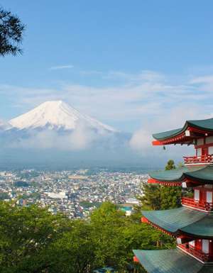 temple with a view of Mount Fuji japan