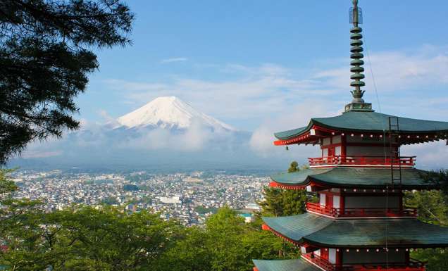 temple with a view of Mount Fuji japan
