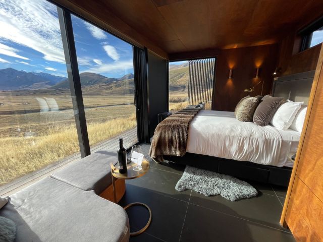 the glass pod interior at The Lindis Lodge, New Zealand