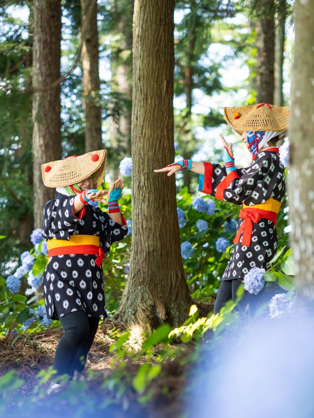 Iwami Kagura Performances Two traditional Japanese female festival dancers on mountain steps