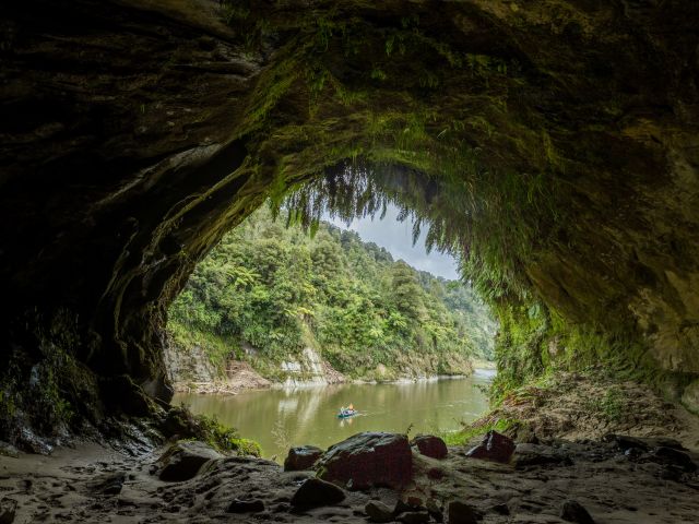 view of Whanganui River from inside a cave