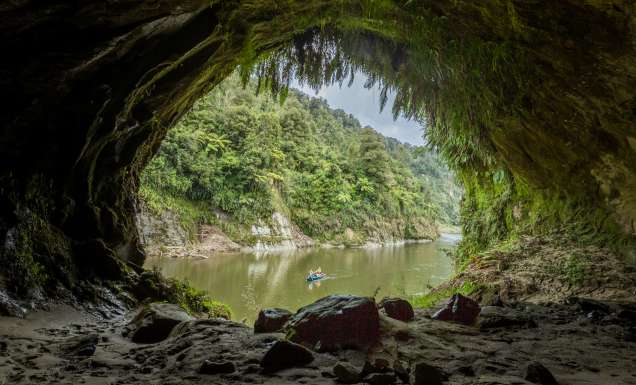 view of Whanganui River from inside a cave