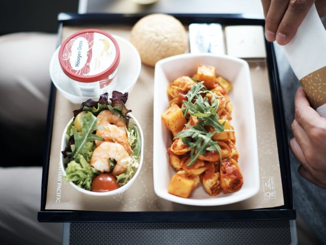 a set meal onboard Cathay Pacific's Premium Economy