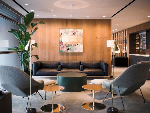 the Business Class lounge onboard Cathay Pacific's Premium Economy