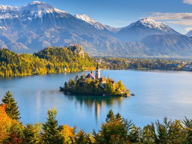Panoramic view of Lake Bled from Mt. Osojnica, Slovenia