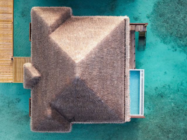 V Villas Maldives at Mirihi thatched roof view from above
