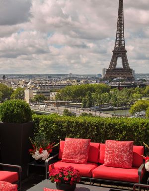 Hôtel Plaza Athénée rooftop terrace with Eiffel Tower view
