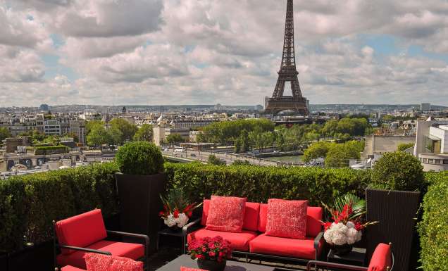 Hôtel Plaza Athénée rooftop terrace with Eiffel Tower view