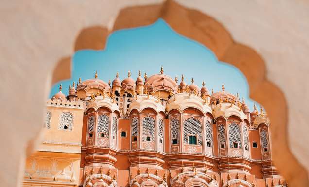Inside of the Hawa Mahal or The palace of winds at Jaipur India. It is constructed of red and pink sandstone.