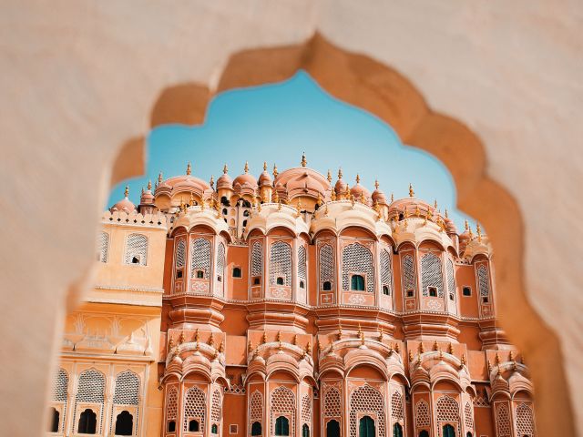 Inside of the Hawa Mahal or The palace of winds at Jaipur India. It is constructed of red and pink sandstone.