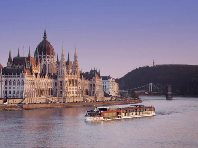 The Ama Sonata passing by the Budapest Parliament Building.