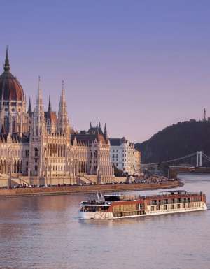 The Ama Sonata passing by the Budapest Parliament Building.