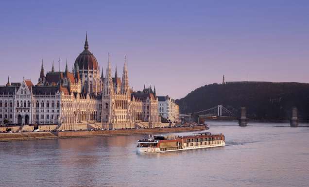 The Ama Sonata passing by the Budapest Parliament Building.