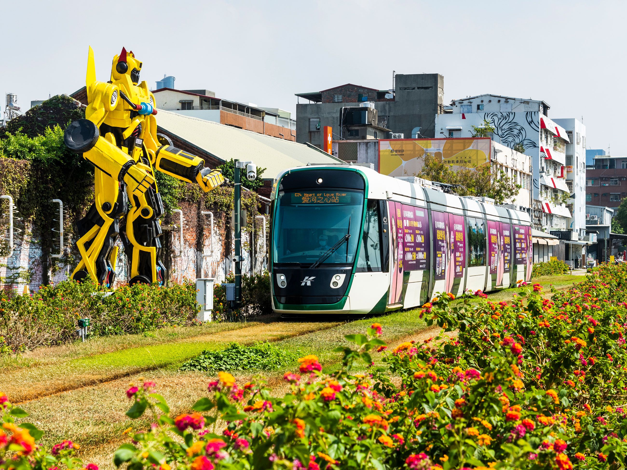 The circular light rail train drives past Pier-2 Art Center in Kaohsiung, Taiwan.