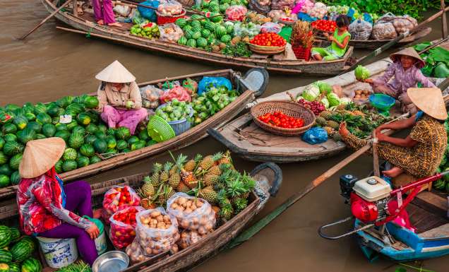 floating market, Mekong River Delta, Vietnam with distant journeys tour