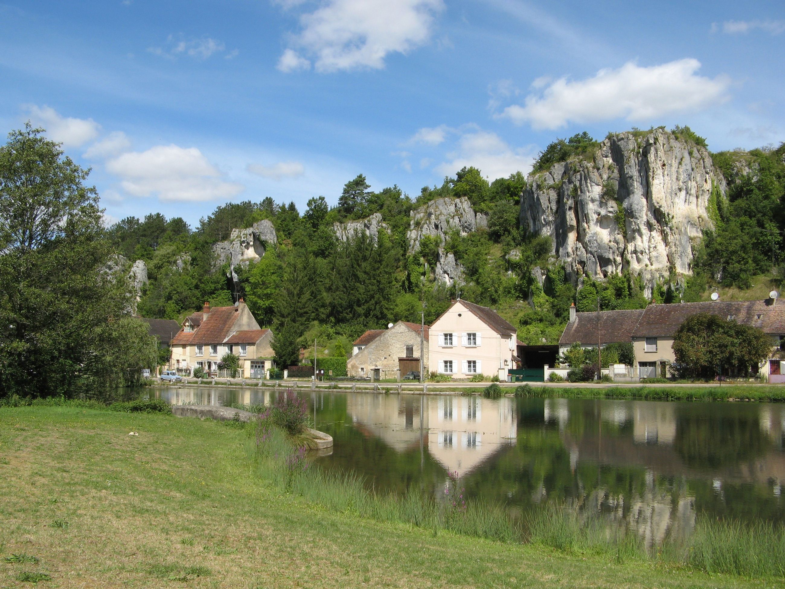 stone houses and Saussois Cliffs in Burgundy, France
