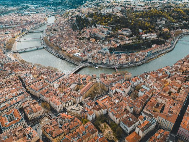 aerial of river in lyon france