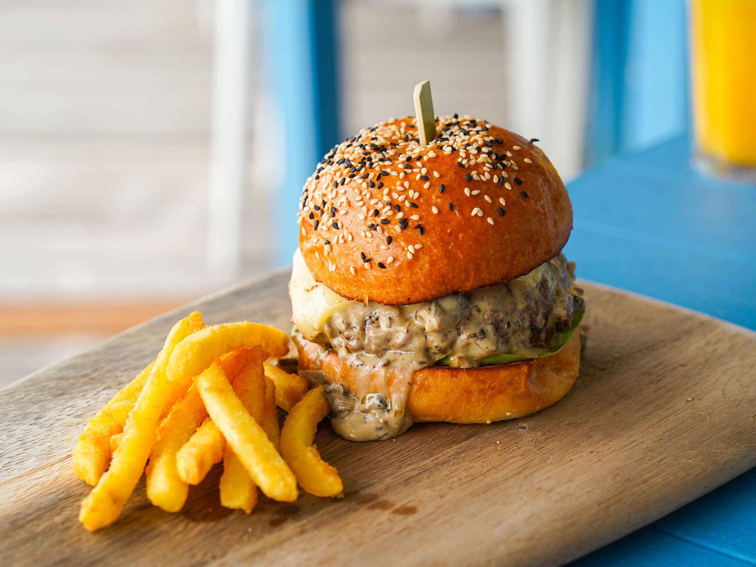 burger and fries at Coastes Sentosa Island