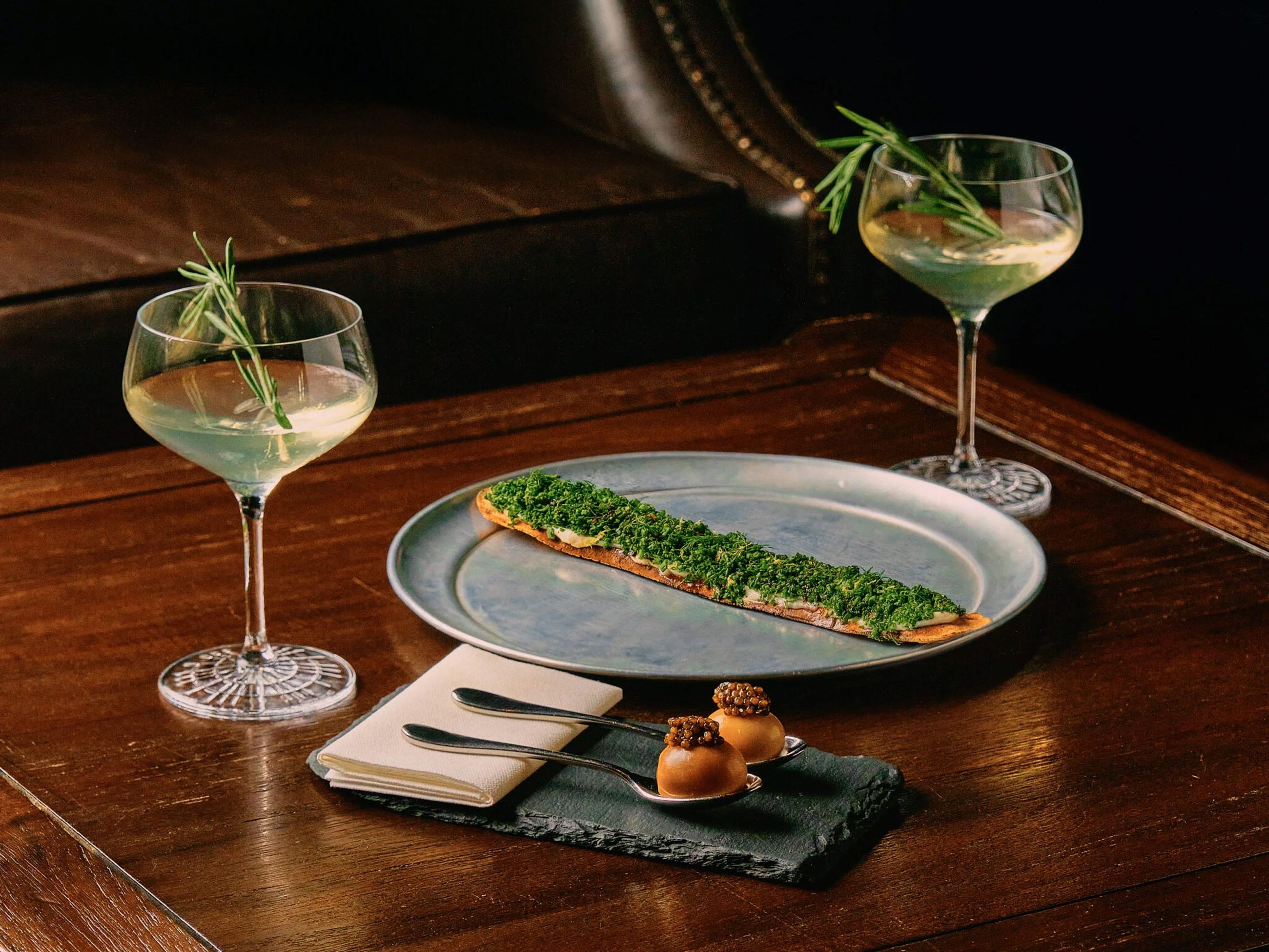 Smoked Quail Egg and Caviar with Grissini & Taramasalata and The Stocky Dog cocktail at Burnt Ends